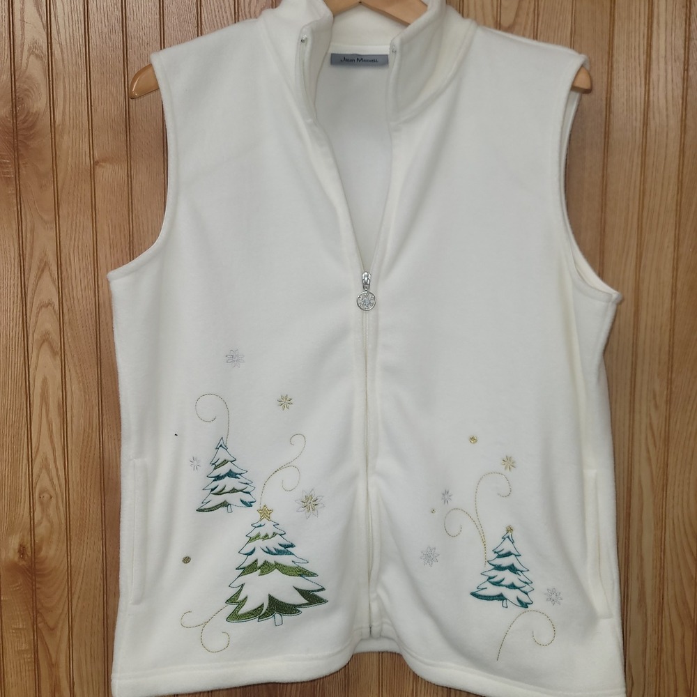 Jason Maxwell Women White Fleece Christmas‎ Tree Embroidered Full Zip Vest Large